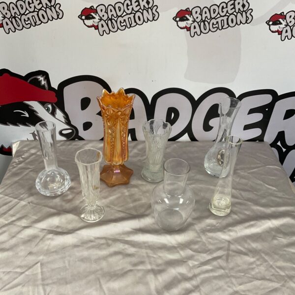 Collection of glass vases including amber carnival glass and clear cut glass bud vases