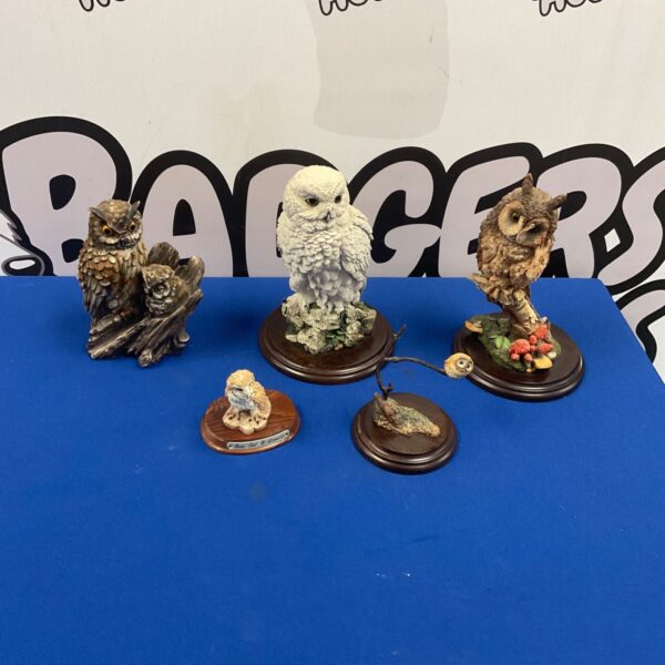 Collection of five owl ornaments including white snowy owl and bronze owl with owlet