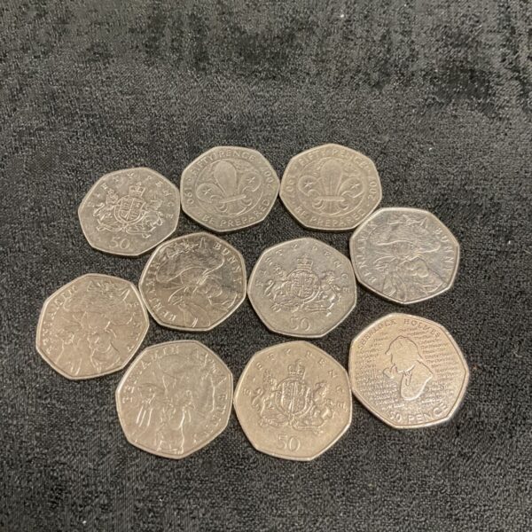 Collection of ten commemorative 50p coins, including Benjamin Bunnykins.