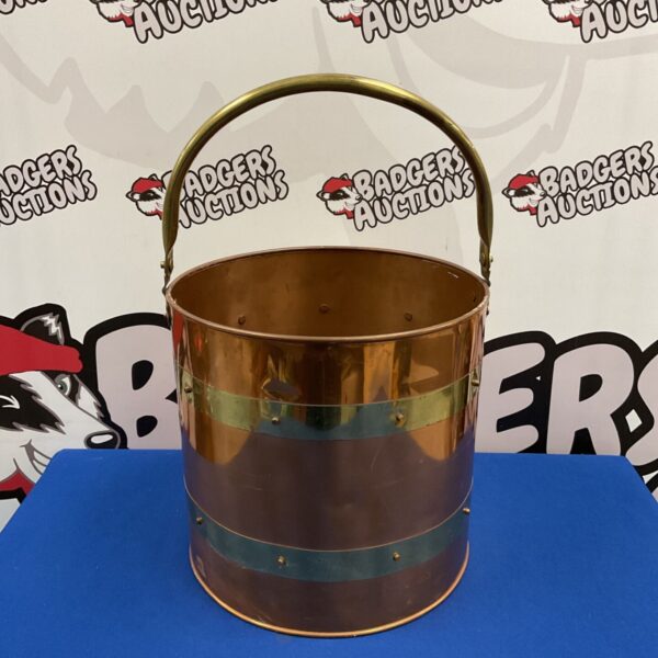 Large copper and brass banded log bin bucket with arched brass swing handle