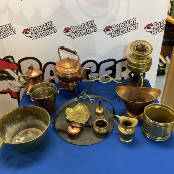 Vintage copper and brassware lot with spirit kettle and griddle.