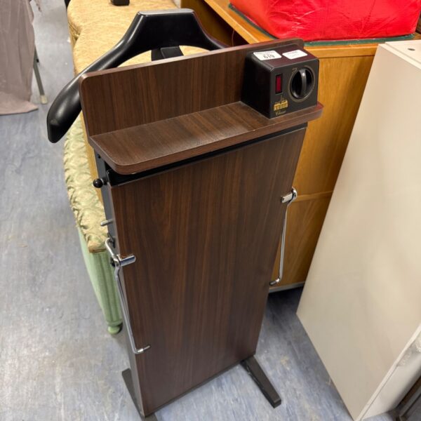 Vintage Corby trouser press in wood-effect finish.