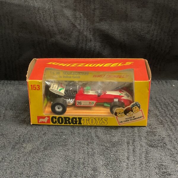 Boxed Corgi Whizzwheels Team Surtees T.S. 9B racing car in red and white livery