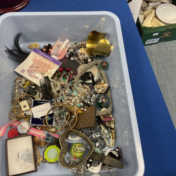 Tray of mixed costume jewellery with watches, bangles and necklaces