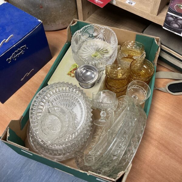 Vintage crystal dishes and cups with prawn cocktail glasses.