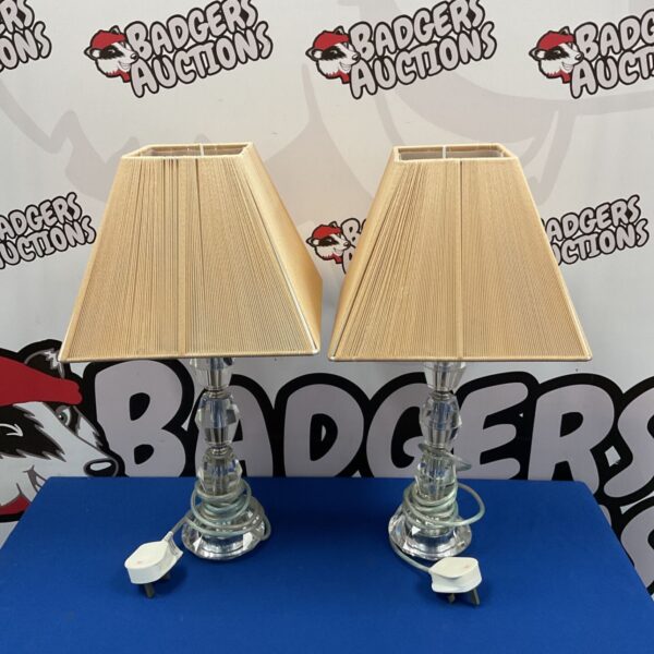 Pair of vintage crystal table lamps with corded shades.