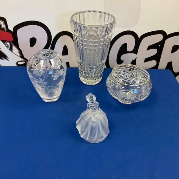 Clear crystal vase with geometric cuts, vintage glassware.