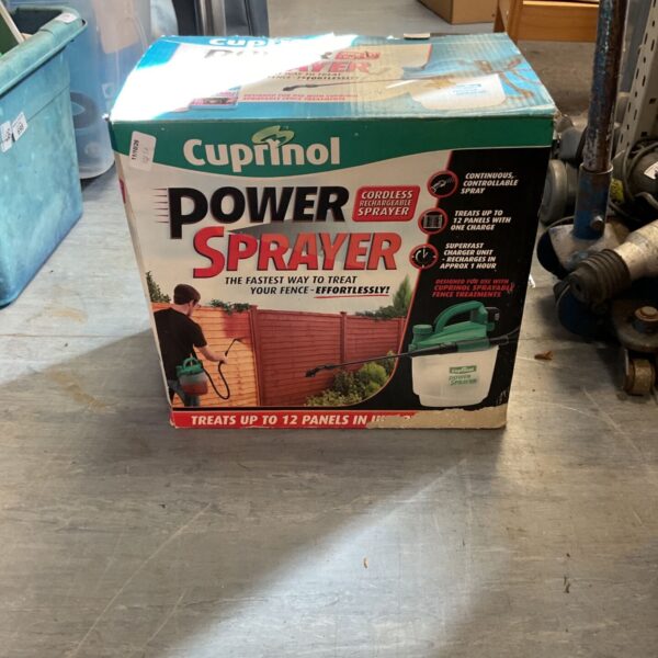 Cuprinol Power Sprayer packaging, cordless garden sprayer.