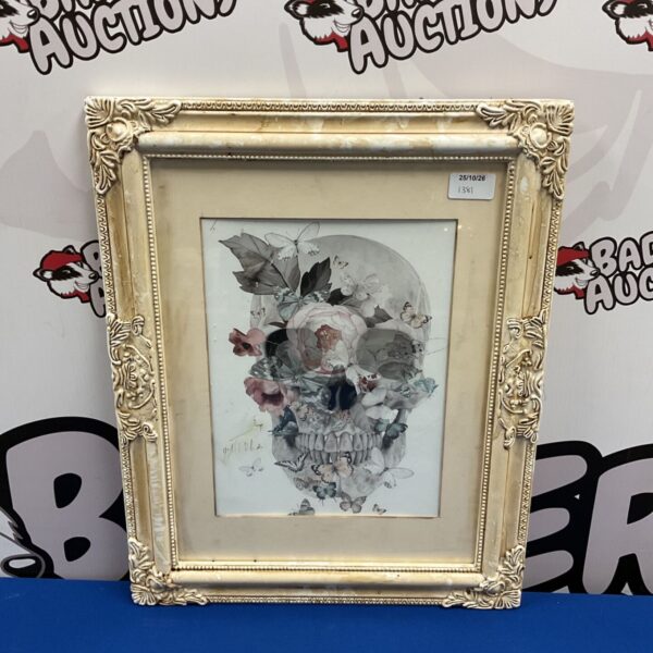 Framed Damien Hirst skull print with butterflies and roses in ornate cream frame