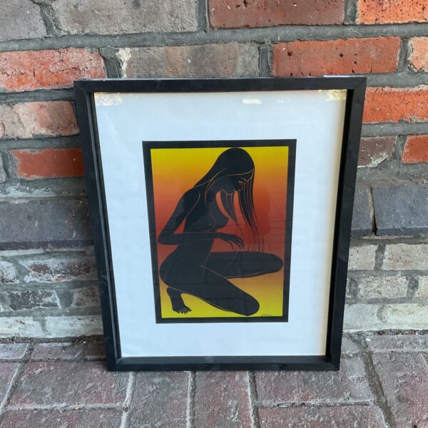 Framed Delacoux nude print, vintage silhouette art.