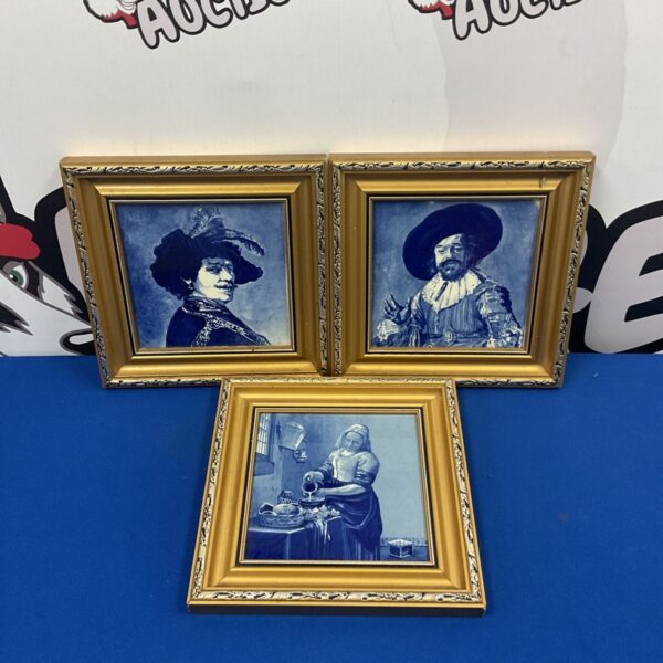 Framed Delft tile depicting a woman in a hat, Old Masters collection.