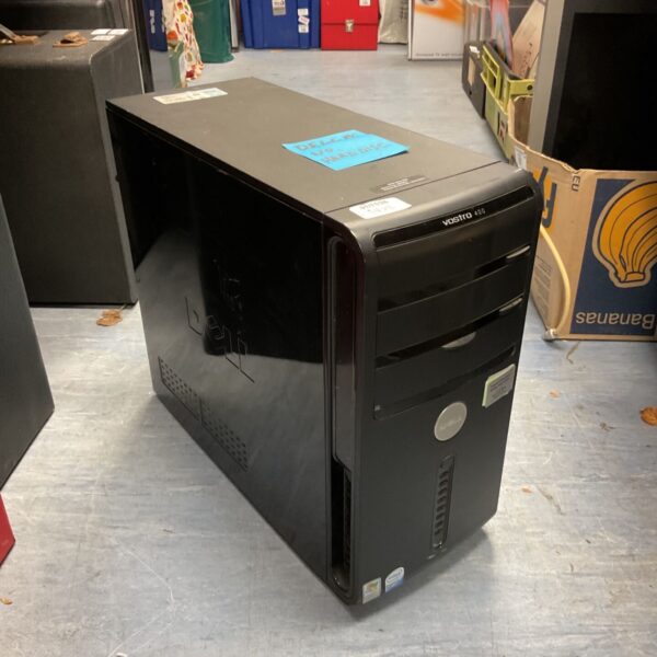 Black Dell Vostro 400 Intel Core 2 desktop tower computer on grey floor