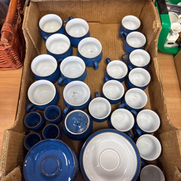 Blue Denby tea and coffee set with egg cups and lidded pot.
