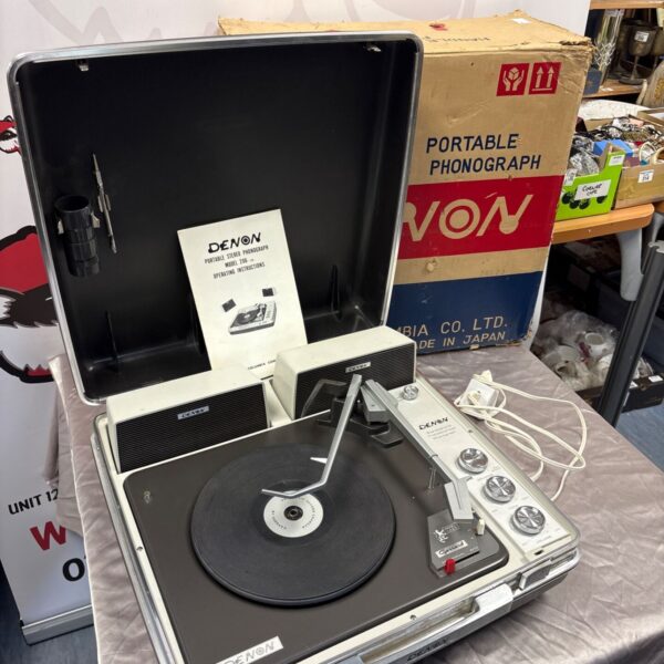 Denon portable stereo phonograph Model 206 with lid open beside original box