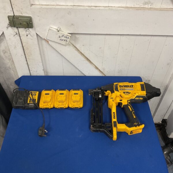 DeWalt DCFS950 18V cordless fencing stapler with three batteries and charger