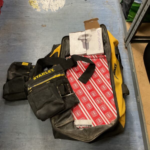 Dewalt toolbag with Stanley tool belt and Gap Lighting boxes, mixed lot