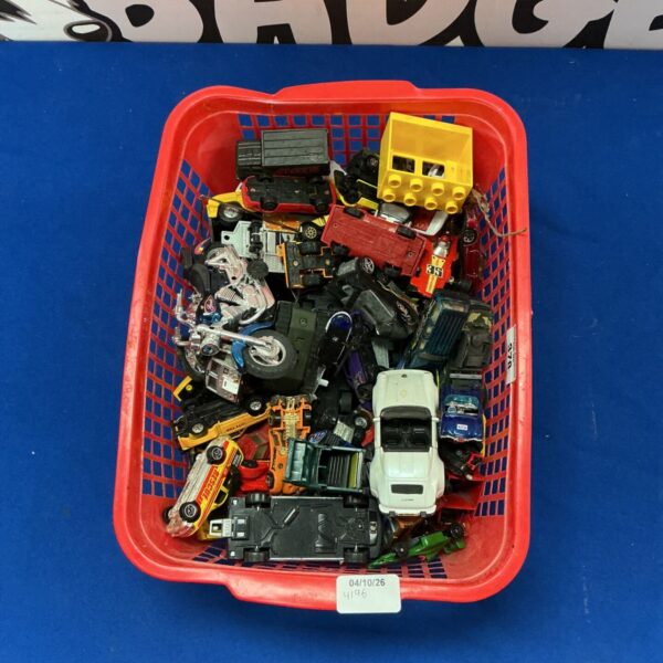Basket of assorted diecast model cars including Matchbox and Dinky.