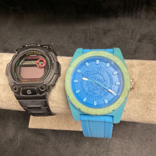 Close-up of a blue Diesel Casio digital wristwatch.