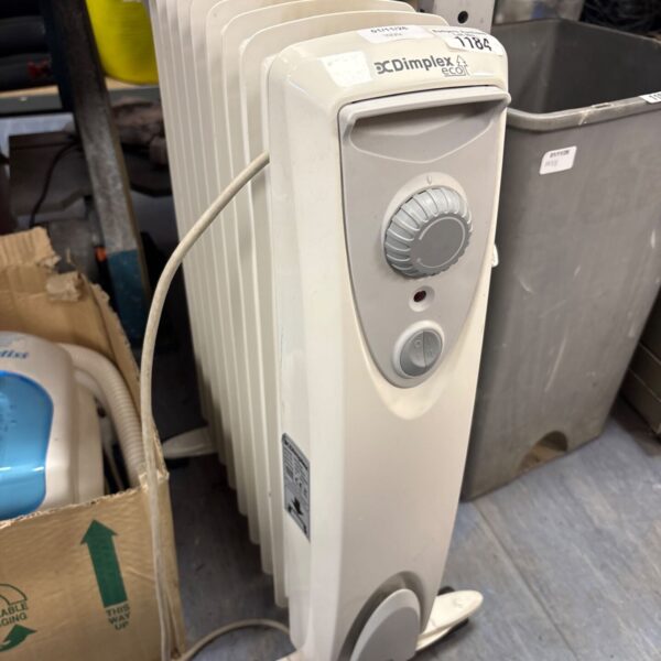 White Dimplex Eco 2kW oil-free column radiator with rotary thermostat dial on a floor