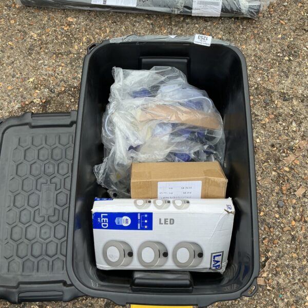 Box of clearance downlights and lighting components.