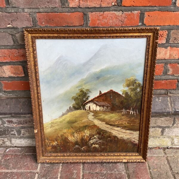Dressen signed oil painting of mountain landscape with cottage in gilt frame