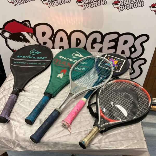 Selection of tennis rackets including Dunlop McEnroe Power Plus with black cover