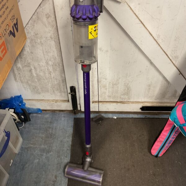 Purple and grey Dyson Cyclone V10 Animal stick vacuum with clear dust bin