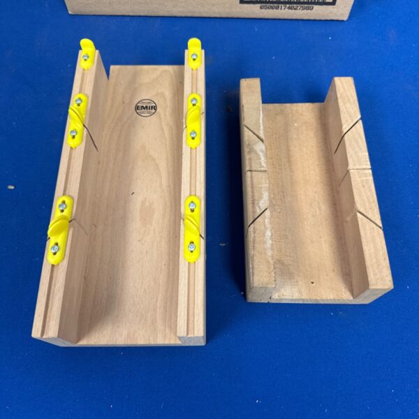 Vintage Emir mitre saw boxes for woodworking and accurate cuts.
