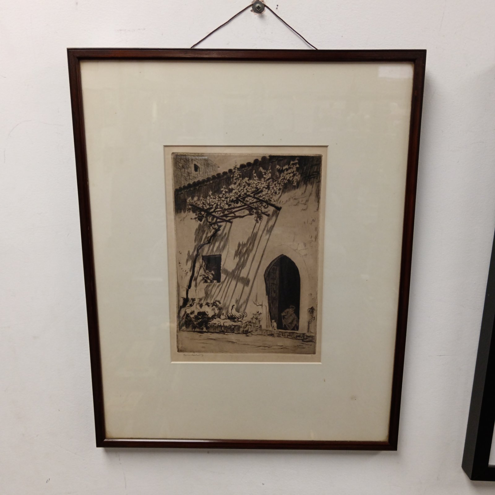 Vintage etching of Taormina, Italy, showing a vine shadow.