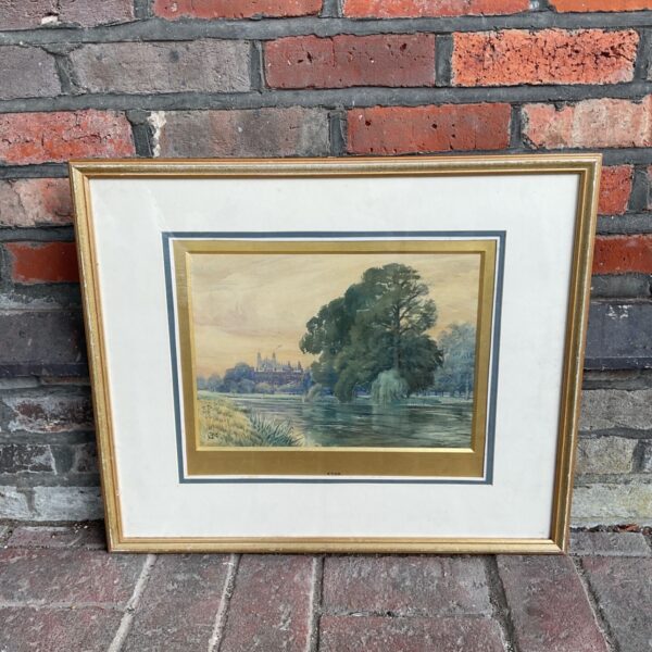 19th century watercolour painting of Eton and Windsor with Windsor Castle.