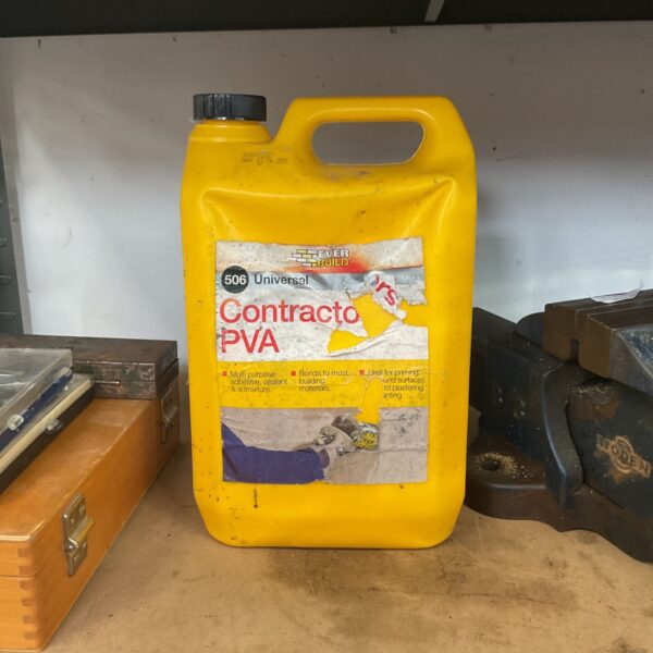 Yellow 5-litre Everbuild 506 Universal Contractors PVA container on a shelf