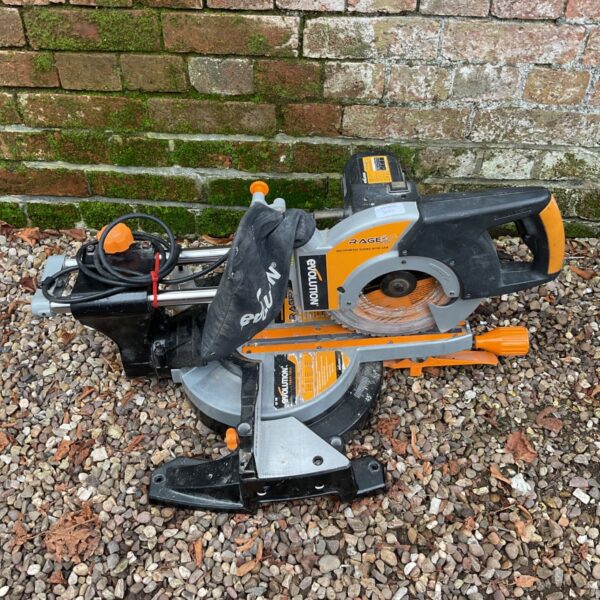 Evolution Rage 3 sliding mitre saw with laser guide for woodworking.
