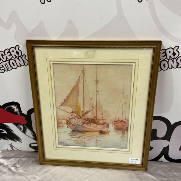Framed F Fulize signed watercolour of sailing boats moored in a dock