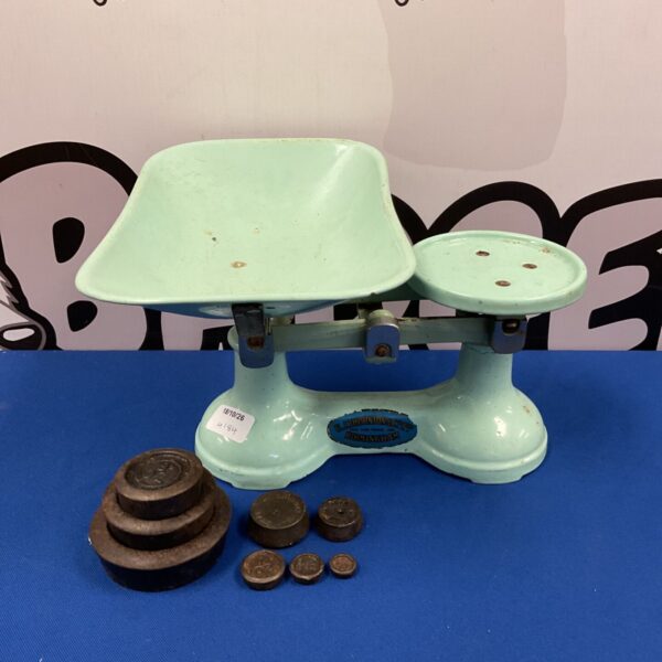 Antique cast iron scales with weights by F J Thornton of Birmingham.