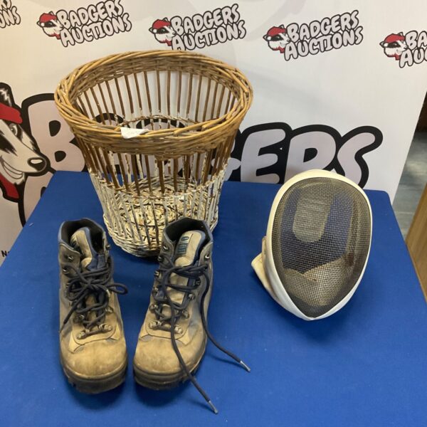 Vintage fencing mask, wicker basket, and walking boots lot.