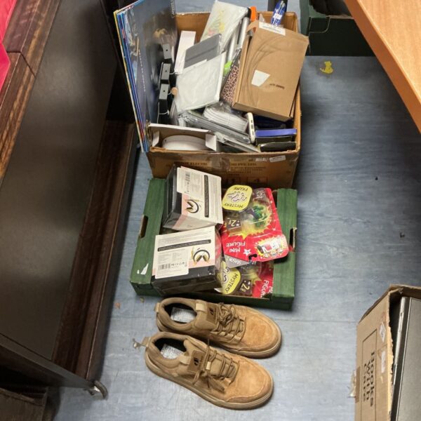 Mixed lot with FGTEEV mystery mini figures, tan Dian Sen shoes and accessories boxes