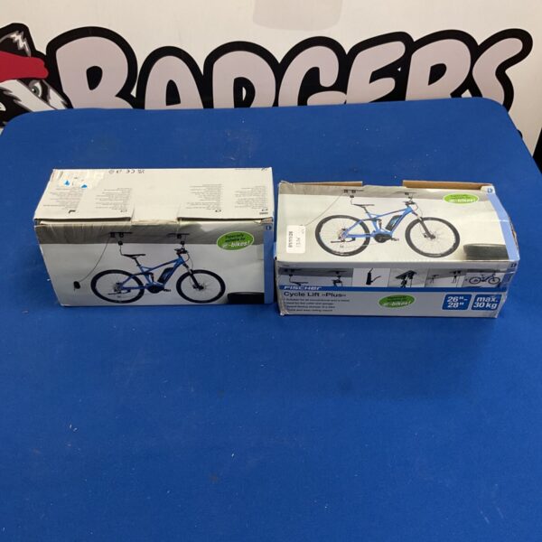 Two Fischer Cycle Lift Plus ceiling bike hoist boxes side by side