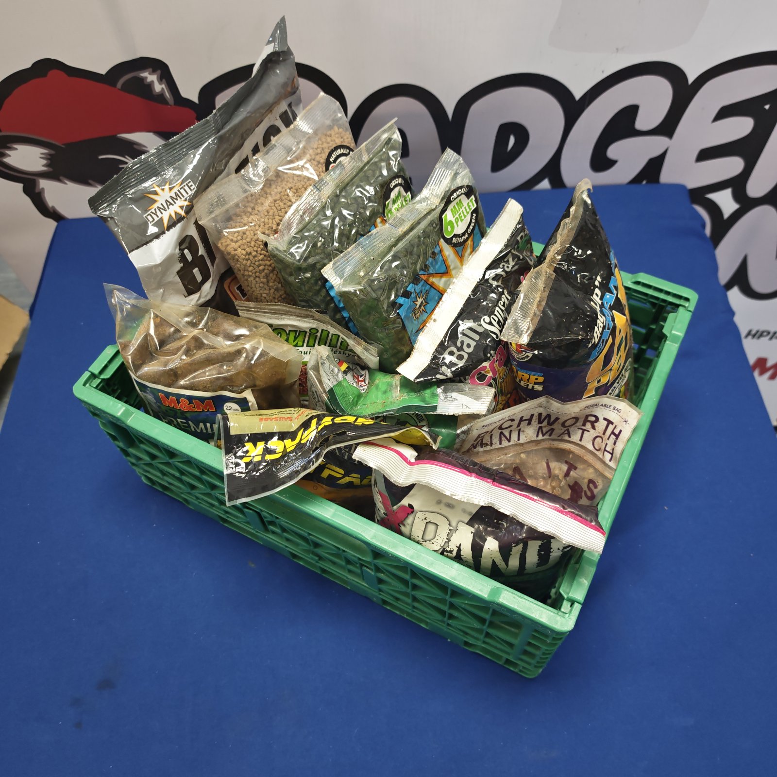 Crate of assorted fishing bait including Cotswold Bait Creations.