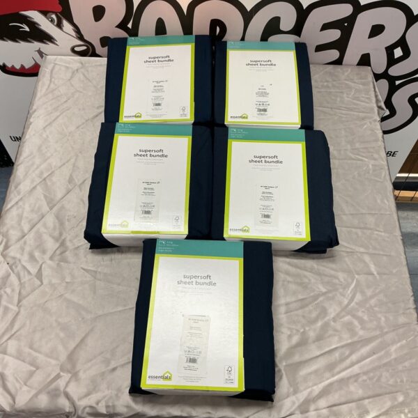Five navy king size supersoft fitted sheet and pillowcase bundles in packaging