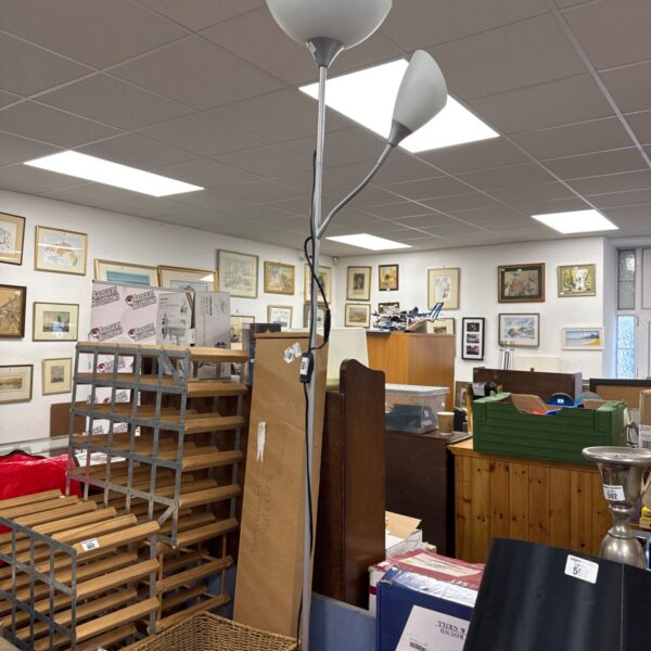 Vintage floor standing uplighter lamp with frosted glass shade.