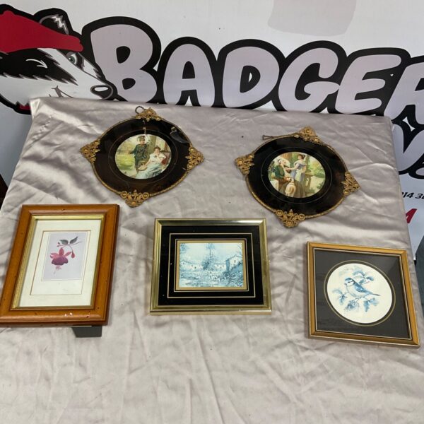 Five framed wall art pieces including ornate gilt oval plates and botanical and bird prints