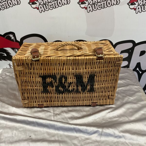 F&M small woven hamper basket with leather straps and brass buckles
