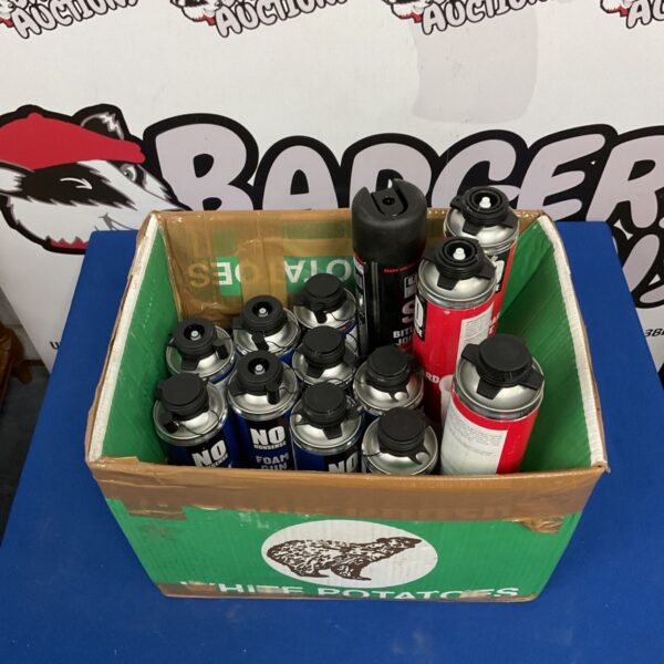 Lot of foam gun cleaner and plasterboard adhesive spray cans.