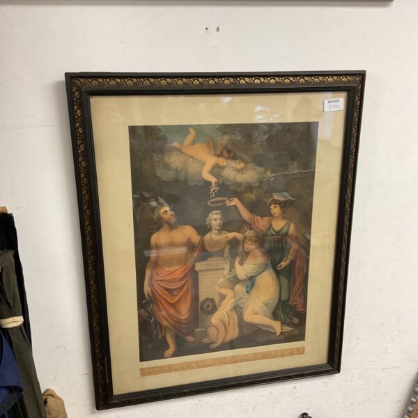 Framed allegorical plate of classical figures honouring a bust of Linnaeus in a black gilt frame