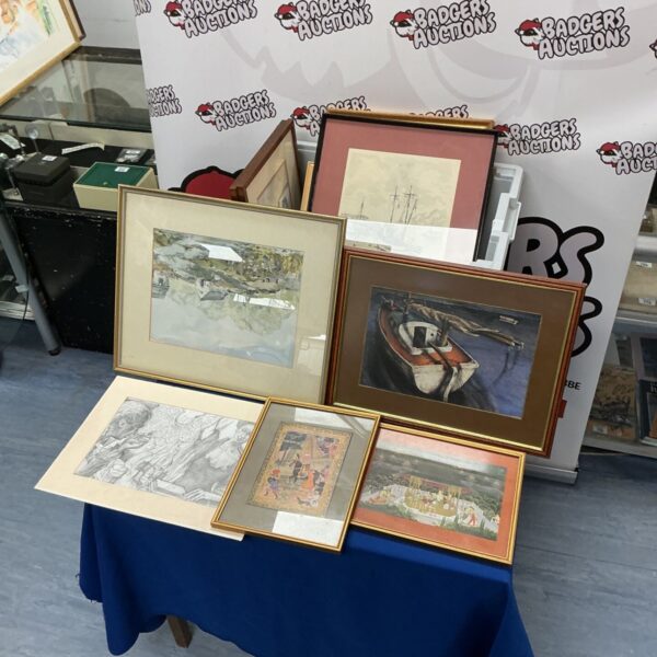 Assorted framed pictures and prints in a vintage lot.