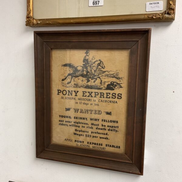 Framed Pony Express wanted poster with rider illustration and St Joseph Missouri text