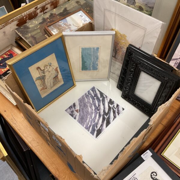Box of mixed framed prints including Haui Homeward Bound fish print