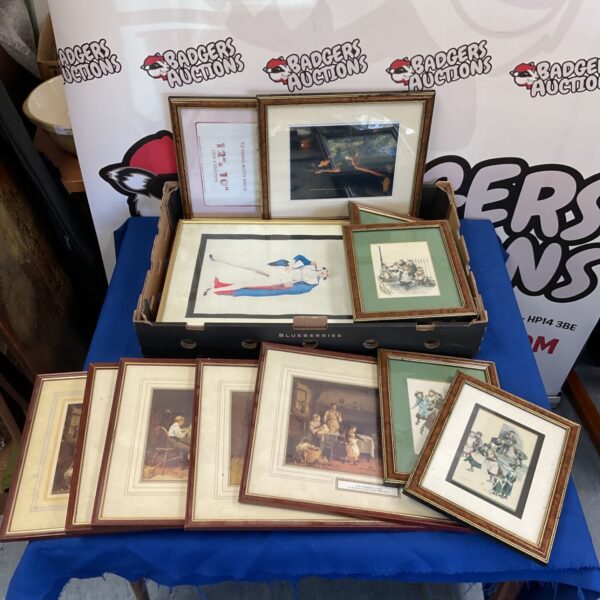 Collection of antique framed prints including Frederick Daniel Hardy artwork.