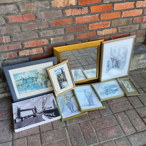 Collection of framed prints and gold framed mirror including Tower Bridge print