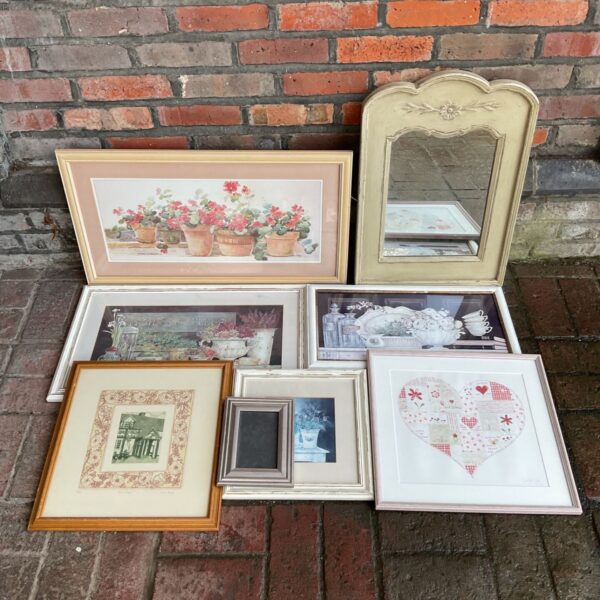 Lot of framed prints with shabby chic mirror and floral wall art